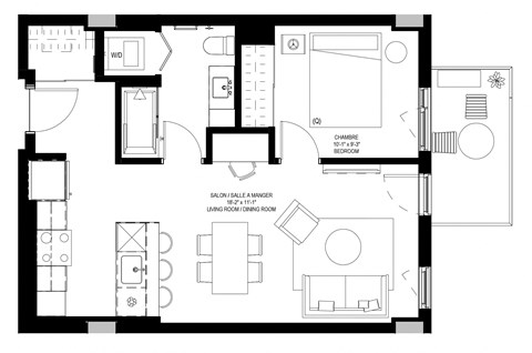 Floor plan for 1 bed, 1 bath, 610 sqft